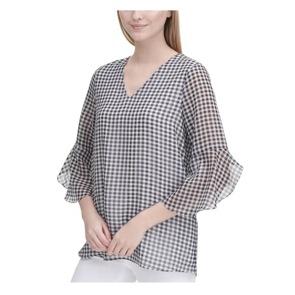 Calvin Klein Black White Gingham Check Chiffon Flare Ruffle Career Blouse Top S - Picture 1 of 10